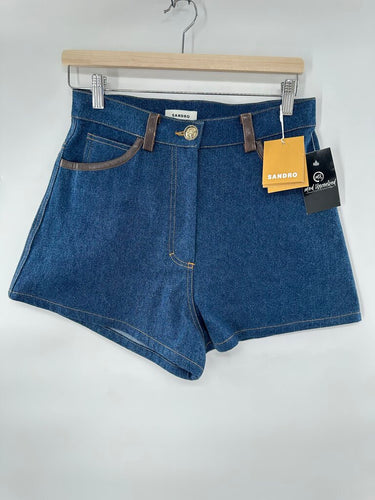 Sandro denim shorts with leather detail NWT