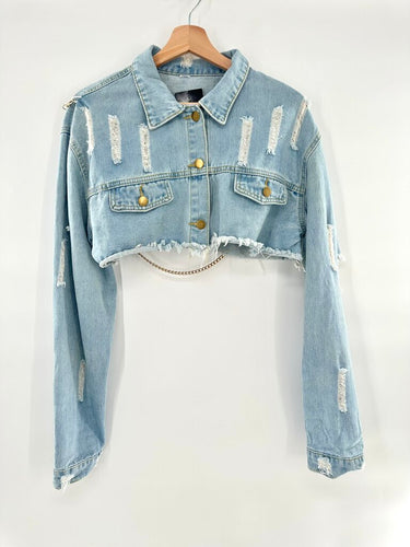 Cropped Distressed Jean Jacket with Chains on Back