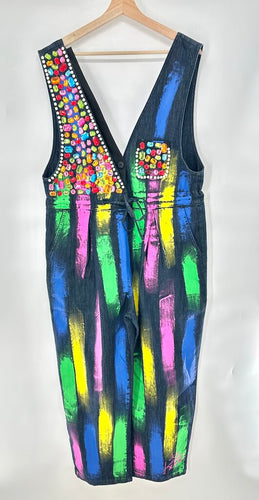 Kate Kewko denim jumpsuit with paint strips and gems