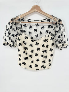 Hot Topic Mesh Puff sleeve Cropped Mushroom Pattern Top