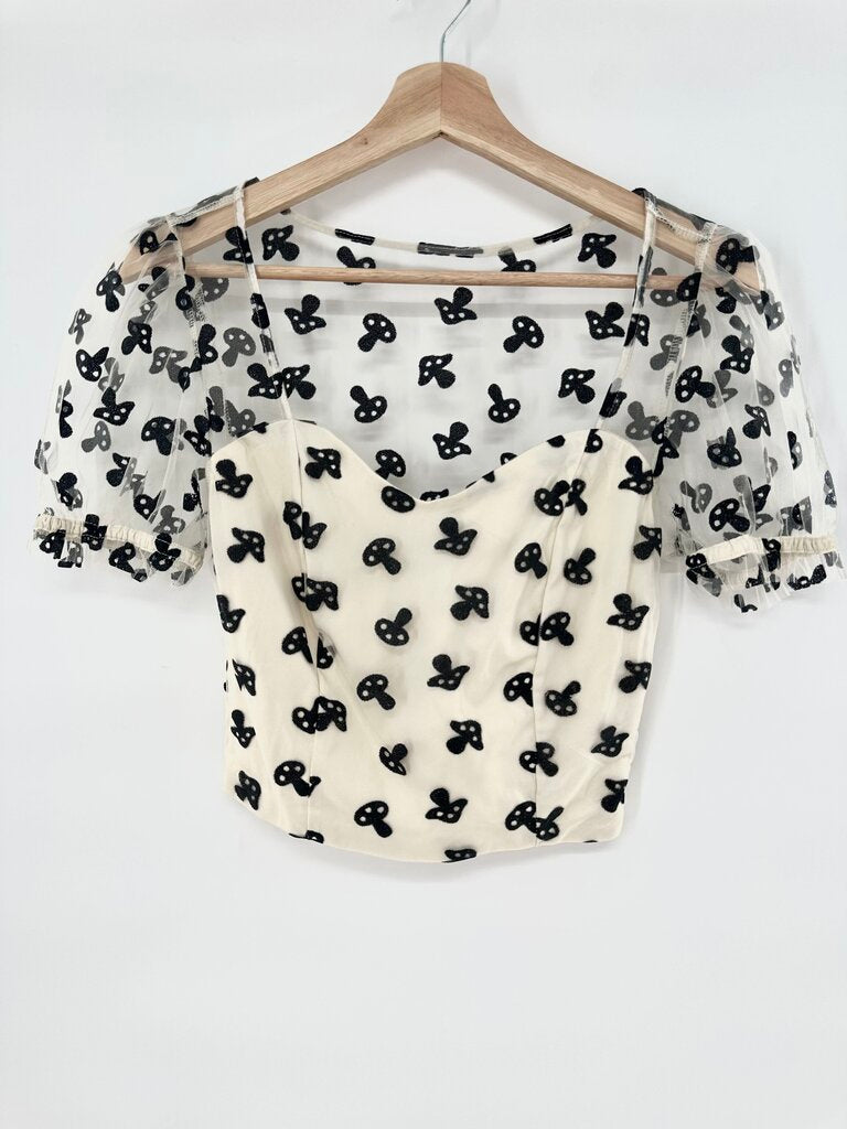 Hot Topic Mesh Puff sleeve Cropped Mushroom Pattern Top