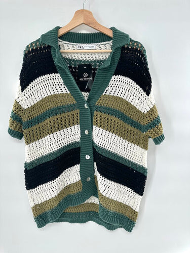 Zara Crocheted Short Sleeve Buttoned Striped Sweater
