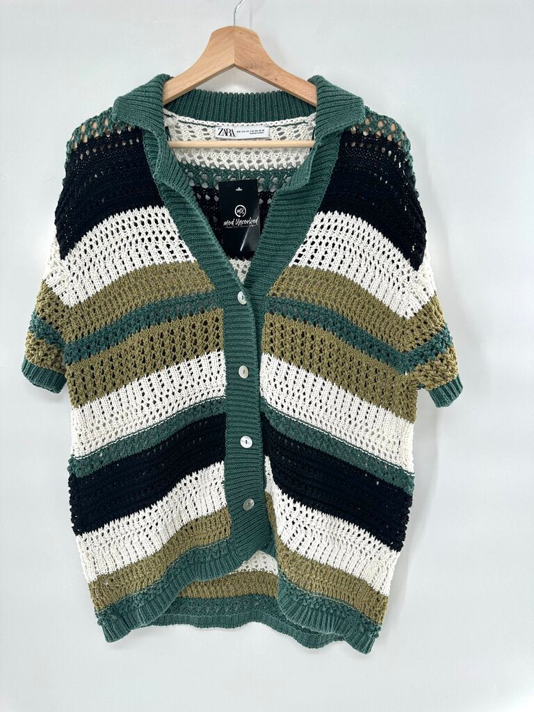 Zara Crocheted Short Sleeve Buttoned Striped Sweater