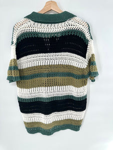 Zara Crocheted Short Sleeve Buttoned Striped Sweater