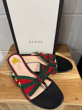Load image into Gallery viewer, Gucci black leather web bow accent sandals NEW in Box