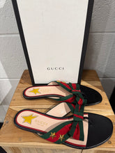 Load image into Gallery viewer, Gucci black leather web bow accent sandals NEW in Box